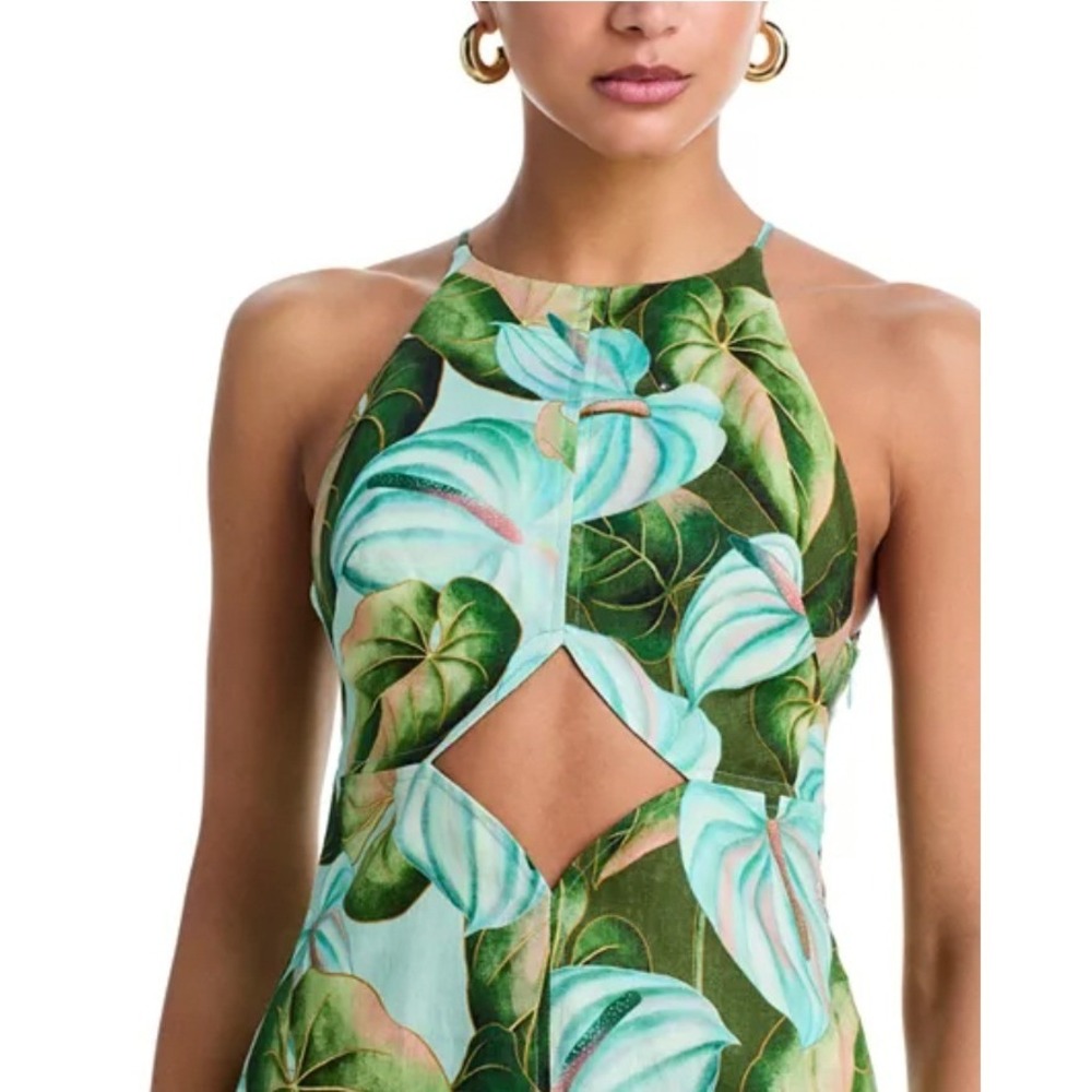 Farm Rio Anthurium Leaves Halter Cutout Linen Midi Dress Boho NWT Small